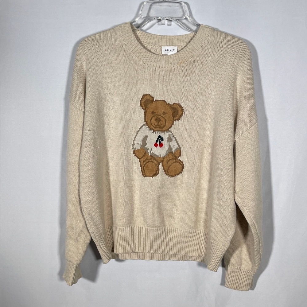 LE LIS WOMENS TEDDY BEAR CREWNECK SWEATER TAN XS